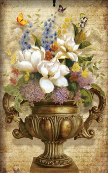 C145ヨーロッパのヴィンテージ花瓶と花の油絵の壁の背景装飾的な壁画