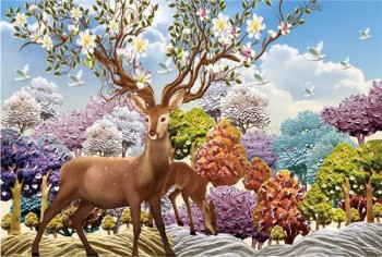 E038 3D Relief Dreamlike Forest Deer Background Ink Painting Wall Art Printing
