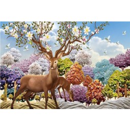 E038 3D Relief traumhaften Wald Hirsch Hintergrund Tinte Malerei Wand Kunstdruck