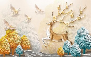 E039  Relief Elk Money Tree Background Decorative Ink Painting Home Decor