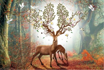 F015 Dreamlike Forest Elk Background Wall Decorative Ink Painting Mural