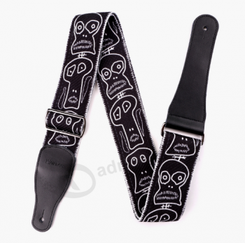 Skull Pattern Cotton Printed Chinese Guitar Strap with leather