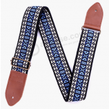 синий винтажный жаккардовый тканый гитарный ремешок с натуральными кожаными концами