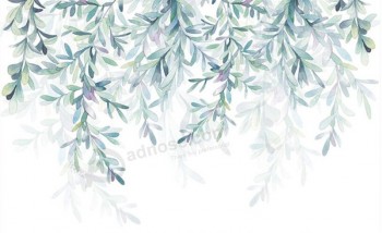 F029 Fresh Green Leaves Watercolor Style Background Decorative Painting Wall Art Printing