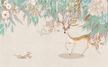 A260自然美式麋鹿背景水墨画墙艺术印刷