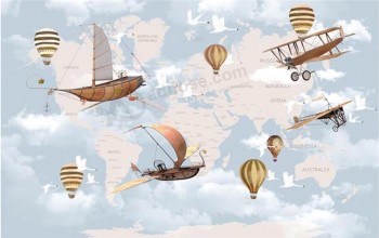 A267 Balloon Tour Around the World Background Mural Wall Art Decorative Ink Painting