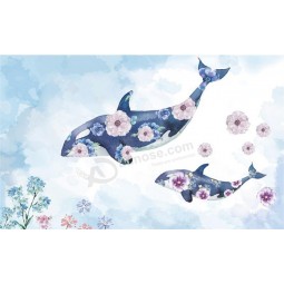 A268 Hand Painted Whale Romantic Background Mural Wall Art Decorative Ink Painting for House