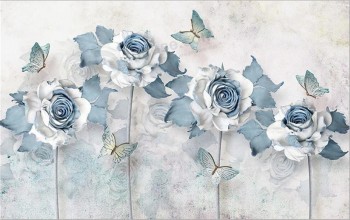 F032淡蓝色素色和优雅蝴蝶背景装饰壁画艺术水墨画印刷
