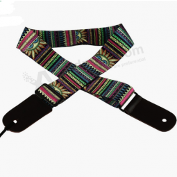 Jacquard Woven Pattern Fabric Guitar Strap With Leather Ends For Acoustic Guitar