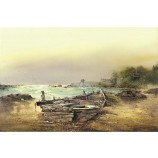 C001 lake side houten boot olieverfschilderij achtergrond muur decoratieve muurschildering woondecoratie
