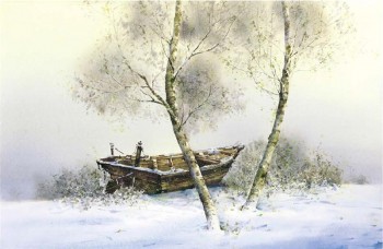 C002 Wooden Boats in the Snow Oil Painting Background Wall Decorative Mural Home Decor