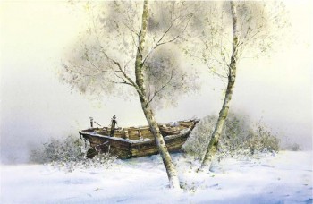 C002 bateaux en bois dans la neige peinture à l'huile fond mur décoratif décor à la maison murale