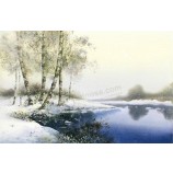 C004由湖上的雪景观油画背景墙装饰壁画家居装饰