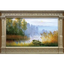 C034 Shore Boat Reed Wetland Scenery Oil Painting TV Background Decorative Mural