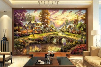 C061 European and American Rural Forest Cottage Night Painting Oil Painting TV Background Decorative Mural