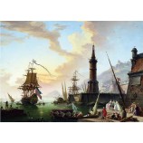 C066欧洲港口景观油画电视背景装饰壁画