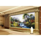 C078山和瀑布流小屋油画电视背景装饰壁画
