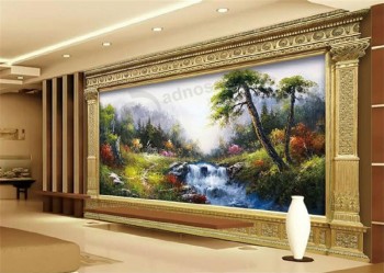C078 Mountain and Waterfall Stream Cabin Oil Painting TV Background Decorative Mural