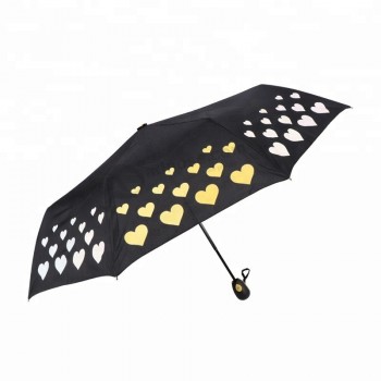 Eerste kleur veranderende stof natte paraplu zeefdruk 3-voudige hoge kwaliteit hartvorm afdrukken paraplu