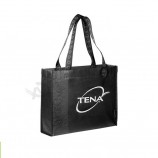 Moda reutilizable promocional tienda de comestibles negro no tejido bolso de mano impermeable logotipo personalizado de impresión