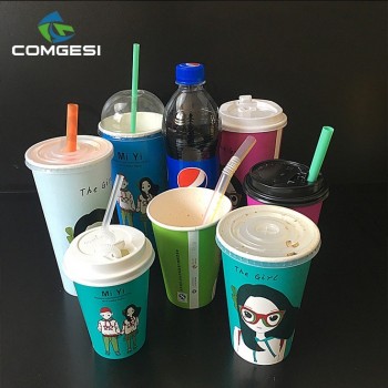 Cold Drink Paper Cups_Double PE single wall cold drink paper cup_Disposable cold paper cup with cover and straw