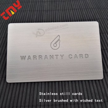 Luxuoso cartão de garantia de metal gravado em aço inoxidável