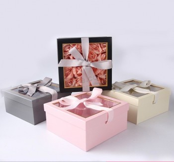 Custom ribbon bowknot square 2 piece rigid 1200gsm cardboard gift set up box with separated lid with pvc window flower packaging