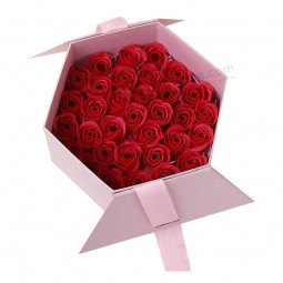 Custom luxury paper 2mm thickness cardboard hexagon rigid with ribbon closure gift rose preserved flower box packaging