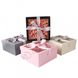 Top quality custom square 1200gsm cardboard rigid flower gift packaging box with lid bowknot with pvc clear window manufacture