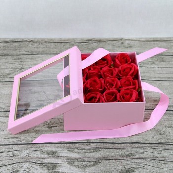 Elegant pink paper custom square flower rose 2mm thickness cardboard rigid gift packaging box luxury with lid clear pvc window