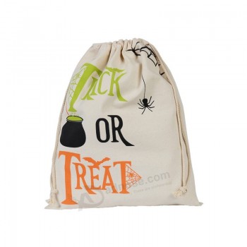 Pumpkin Lantern custom print cotton Halloween Candy packaging with Drawstring bag customized Canvas fabric with rope handle