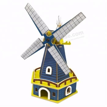 3D Wooden Puzzle DIY Educational Solar Powered Windmill Toy Custom