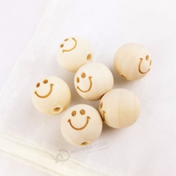 20Milímetros Engraved Pattern Smile Face Wooden Round Teething Necklace Beads