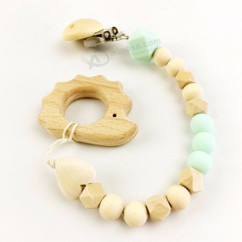 Food Grade Chewable Silicone Beads Wooden Beads Pacifier Clip Chain for Baby