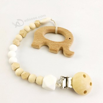 Granos de silicona masticables cuentas de madera chupete clip de cadena para juguetes de bebé