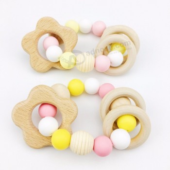 Custom Logo Natural Wooden Flower Pendant Silicone Teething Bracelet