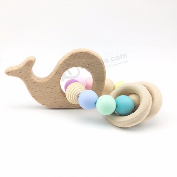 Silicone Baby Teething Rattle Bracelet with Wooden Ring Bell