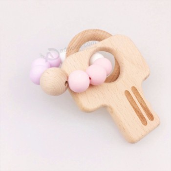Beech Wooden Infant Toy Key Charms Nursing Accessories with Silicone Beads