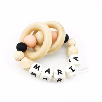 Personalised Silicone Wood Ring Rattle Teether Teething Baby Toy