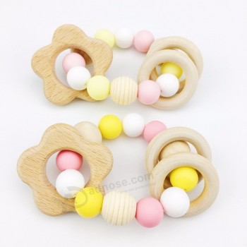 Natural Wooden Flower Pendant Silicone Teething Beads Wooden Baby Rattle Teether