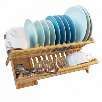 Household Wooden Bamboo Double Layer Dish Rack