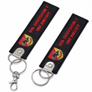 souvenirs custom metal ring double sided letters logo woven fabric keychain for handbags