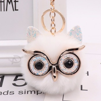 Cute Fashion Women Handicraft Gold Dust Owl Fur Cony Hair Ball Pom Pom Charm Car Keychain Handbag Key Ring Pendant Key Ring
