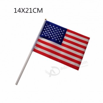 2019 New small american national flag 21*14cm #8 polyester USA flag hand waving flags with plastic flagpoles 10pcs/pack