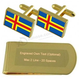 Åland islands flag gold-tone cufflinks money clip engraved gift Set