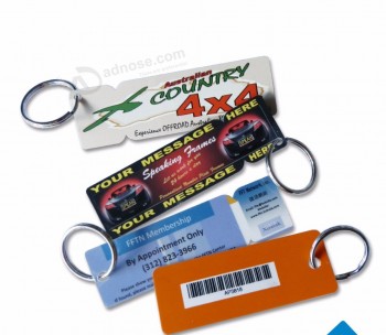 custom good price design laminated plastic Key Tag with metal ring personalised keyrings