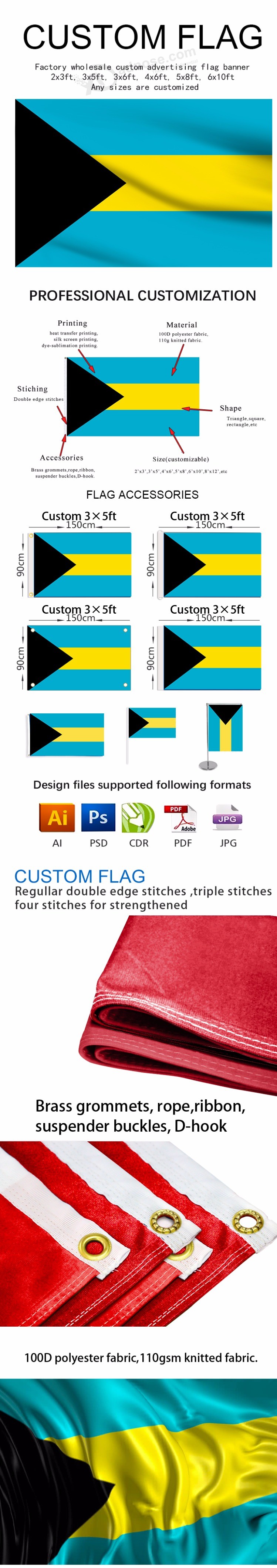 Super quality satin fabric glitter color print bahamas flag