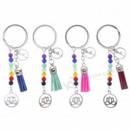 シルバーカラー7チャーカ天然石ビーズ蓮ヨガキーホルダーヒーリングクリスタルタッセルキーホルダー用女性