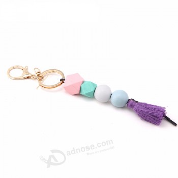 SANSHOOR Rainbow Geometric Wood Beads KeyChain Set With Black Leather Rope Chain And Purple Tassel For Women Christmas Gift 1Pcs