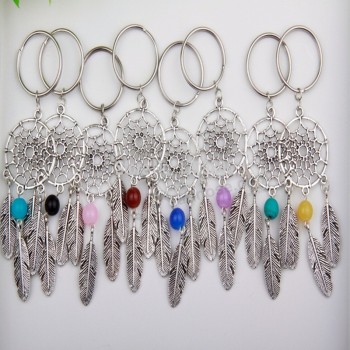 Llavero de borla de plumas de plata antigua con llavero de múltiples cuentas y adornos de llavero de dreamcatcher para mujer, regalos de joyería